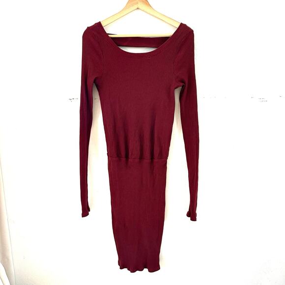 Free People FB Beach On The Rooftop Mini Dress Ribbed Long Sleeve Burgundy‎ Med - Picture 2 of 9